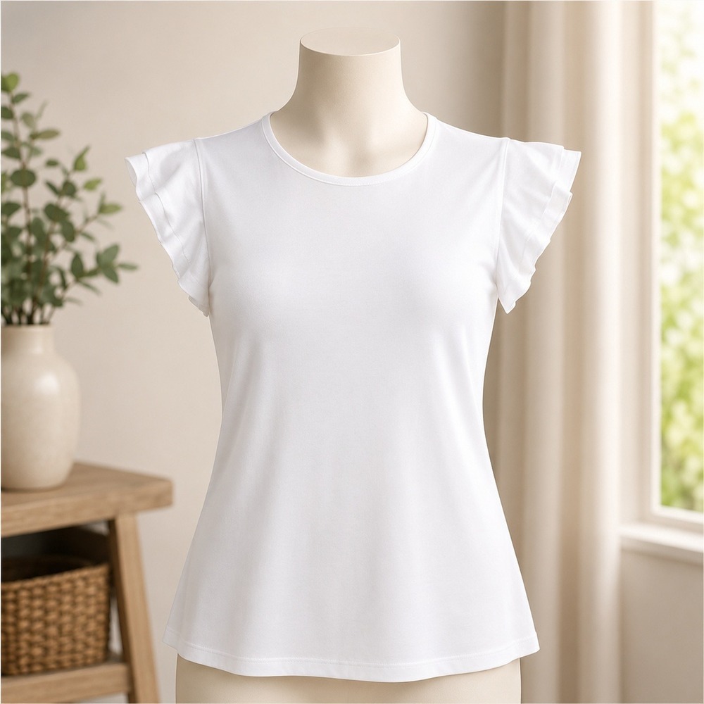 NWT Tahari Flutter Sleeve Top Small White Viscose Blend Crew Neck TH41102NR